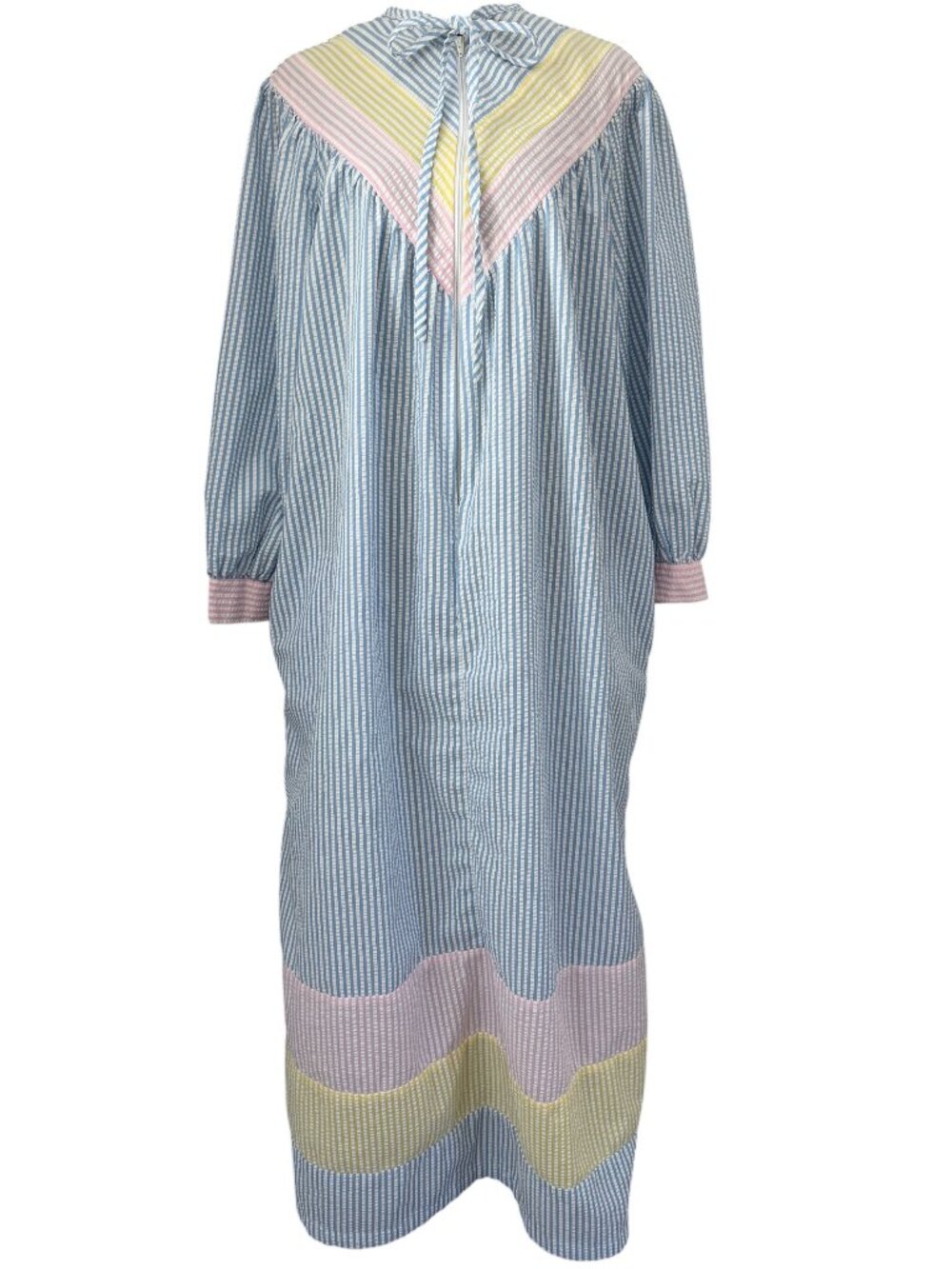 Vintage 70s SAYBURY Pastel Cotton Seersucker Long Sleeve Maxi House Dress Large - Picture 2 of 12